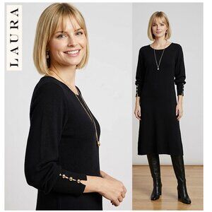 LAURA - Black knit long sleeve midi dress